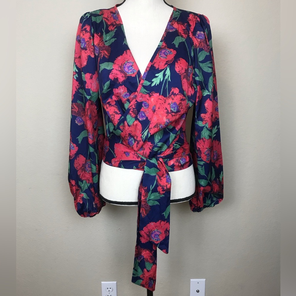 SHEIN Navy Boho Wrap Tie Waist Blouse with Pink Floral Print